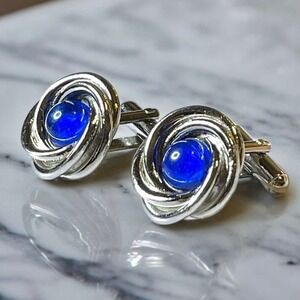Silver Tone Cufflinks Blue Glass Cabochons Knot Style